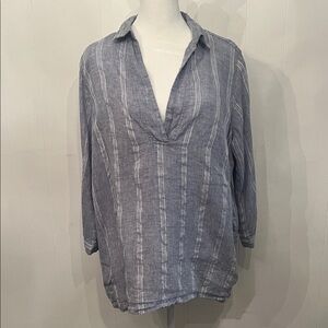 Tahari Blue and White Striped V-Neck Tunic 100% linen